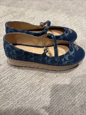Coach Denim Blue Signature Mary Jane Flats with Gold Accent